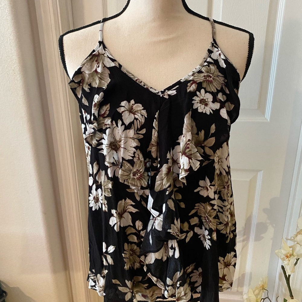 Black Floral Ruffle Front Racerback Tank Large NWT